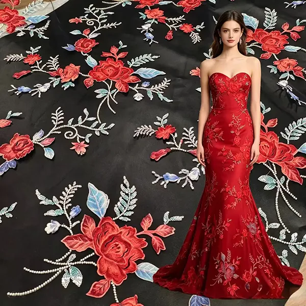 3d Embroidery Flower Applique Beads And Sequins Embroidered Lace Fabric