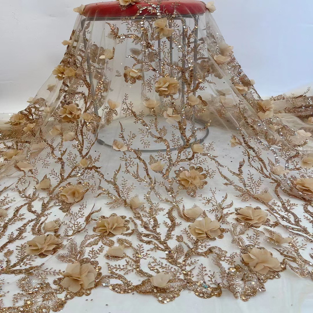 Bead Lace 2024 Mesh 3d Embroidered Applique Flower Embroidery Tulle Fabric