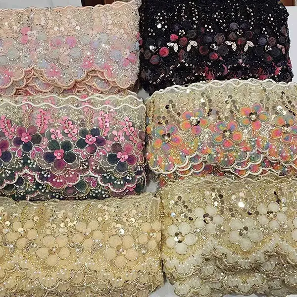 Vícebarevná vyšívaná krajka s 3D síťovinou Květiny Stuha Korálková trubička Vyšívací krajka s čárovým kódem